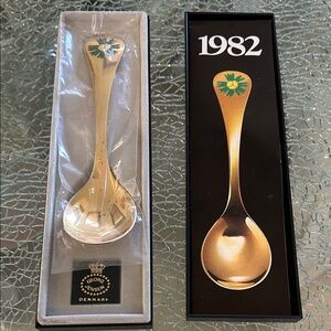 Georg Jensen collectible Gold Spoon with Green Floral Accent